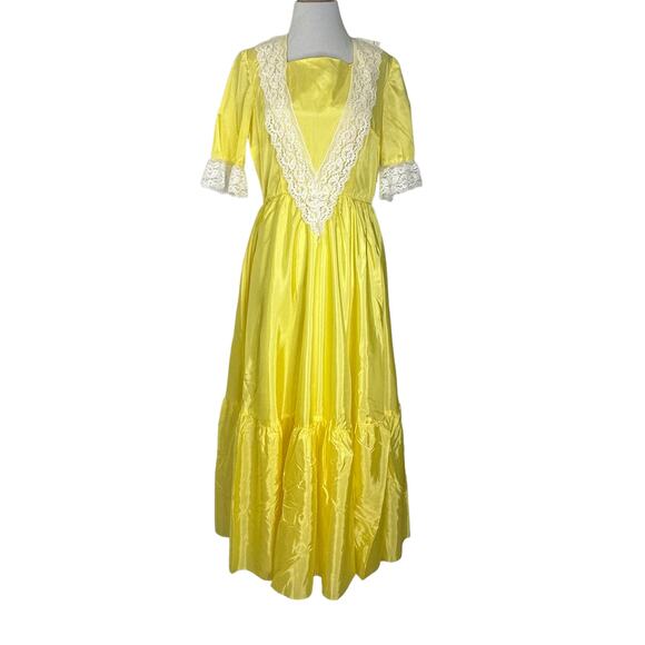 Vintage 80s Yellow Taffetta Bridgerton Style Dress w Matching Hat M - Picture 7 of 10